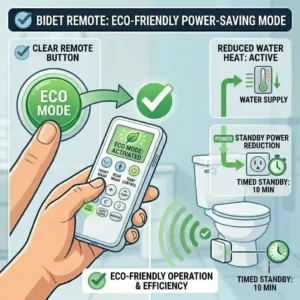 An illustration of a bidet remote screen displaying an activated eco-mode setting for energy-saving bathroom efficiency.