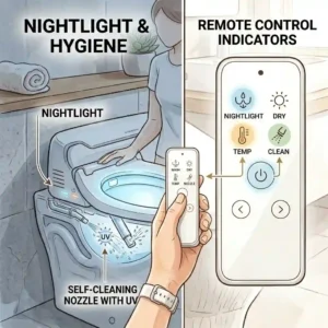 Illustration of an automatic self-cleaning nozzle and built-in LED nightlight on a premium remote control bidet.