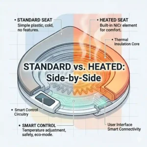 A side-by-side comparison illustrating the difference between a chilly standard seat and a warm, cozy toilet heated seat.