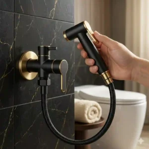 Visual comparison showing a traditional toilet paper roll next to a modern hygienic health faucet bidet sprayer