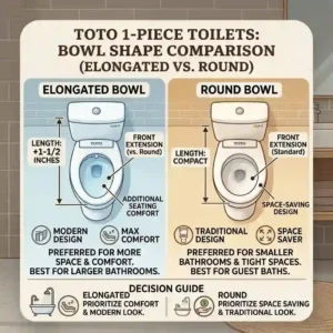 A side-by-side top-view comparison chart analyzing elongated versus round bowl shapes for toto 1 piece toilets