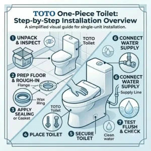 Step-by-step DIY installation overview diagram for a toto one piece toilet model.