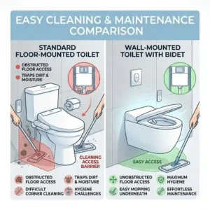 A side-by-side illustration demonstrating how a wall-mounted toilet with bidet allows for easy floor mopping underneath.
