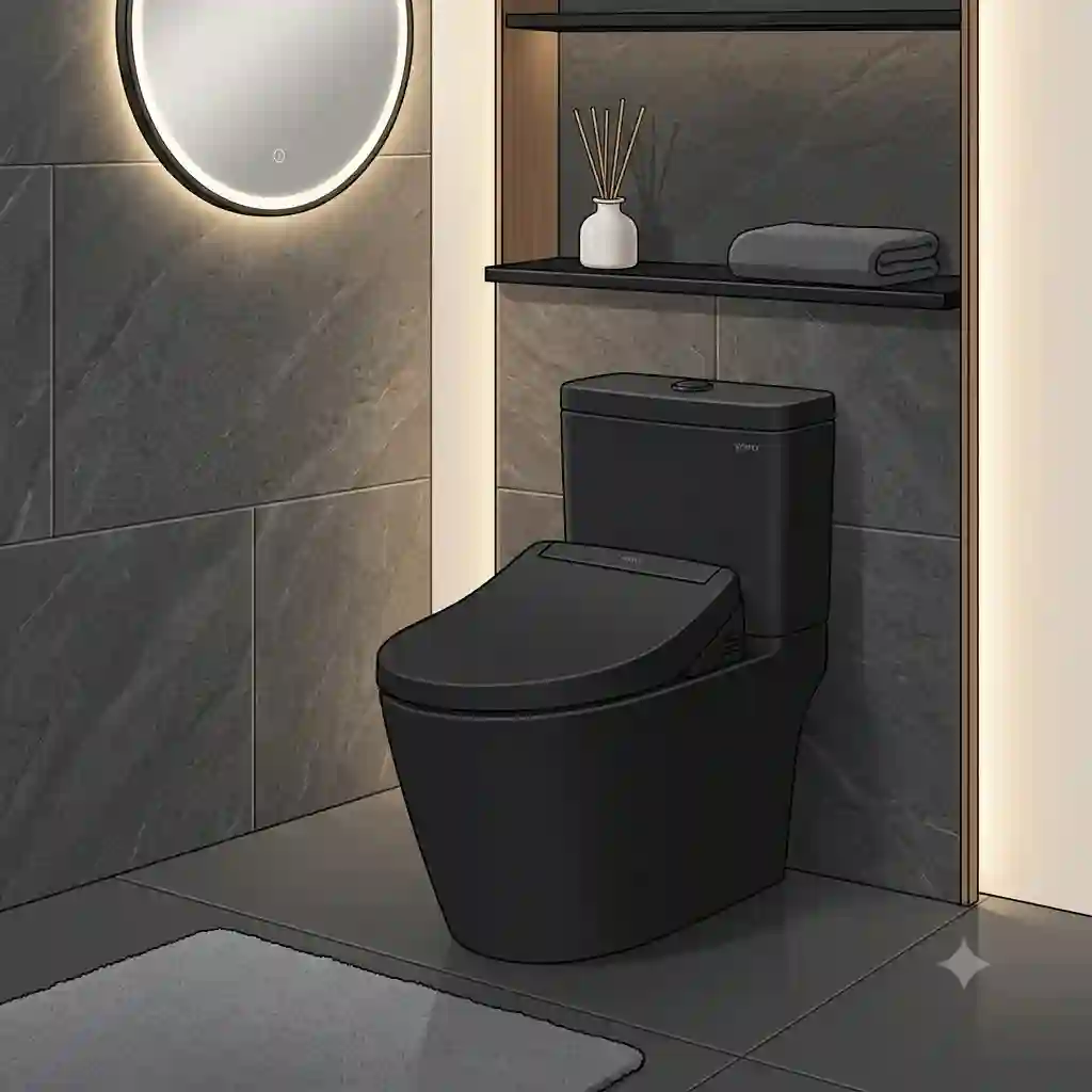 A sleek matte black toilet Toto in a luxury bathroom.