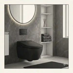 Architectural line drawing of a modern bathroom featuring a black toilet Toto.