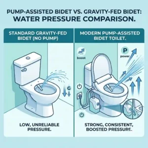 Side by side comparison of water spray pressure between gravity systems and a bidet toilet pump assisted toilet bidet.