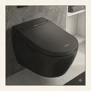 Close-up view highlighting the modern design of a black toilet Toto.
