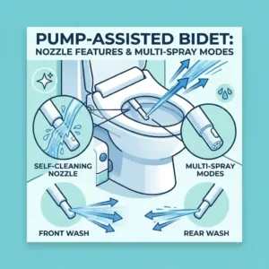 Close up illustration of the self cleaning nozzles on a bidet toilet pump assisted toilet bidet.
