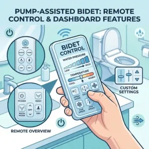 Wireless remote control interface for adjusting settings on a bidet toilet pump assisted toilet bidet.