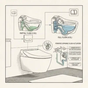 Diagram illustrating the siphonic flush activation of the black toilet Toto.