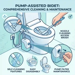 Maintenance guide showing how to clean nozzle and filter parts of a bidet toilet pump assisted toilet bidet.