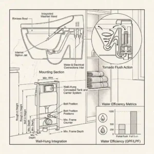 Technical metrics and integration diagrams for the black toilet Toto system.