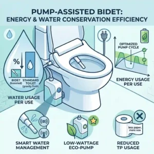 Eco friendly infographic showing water and toilet paper savings achieved with a bidet toilet pump assisted toilet bidet.