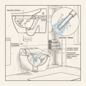 Cross-section highlighting hygiene and cleaning features of the black toilet Toto.